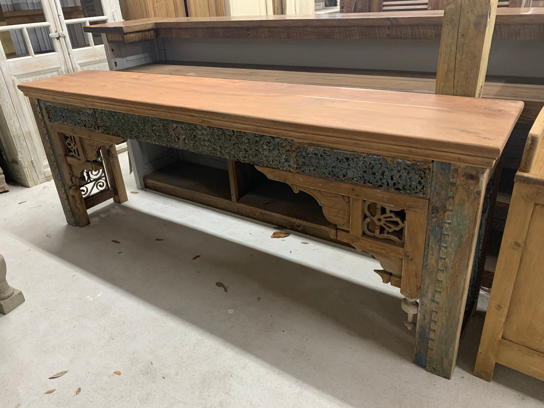 Long Teak Console with Hand Carved Trim