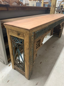 Long Teak Console with Hand Carved Trim